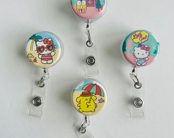 Cute Summer Kitty and Friends Badge Reel | Teacher Student Badge Holder Nurse Gift RN badge clip CPT medical badge clip mini badge reel