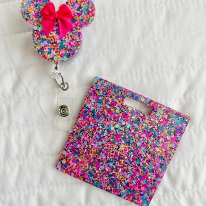 Cute Mouse Badge Reel Hot Pink Glitter Handmade retractable cna rn CPT Custom student ID badge holder teacher gifts nurse gift personalized