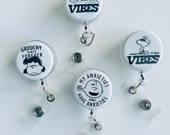 Peanuts Themed Button Clip Badge Reel Teacher Student Badge Holder Nurse Gift RN badge clip CPT medical badge clip mini badge reel