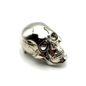 May include: A polished chrome skull ornament with detailed facial features, including eye sockets, nasal cavity, and teeth. The skull is set against a white background, highlighting its metallic sheen and intricate design. This decorative piece is suitable for gothic or alternative decor.