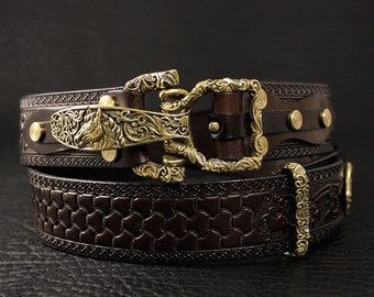 Handmade Pattern Leather Strap Littleton Cavalry Leather Belt Mens Outfit Accessories