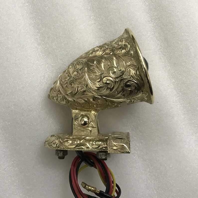 May include: A gold-colored, ornate, decorative light with a floral design. The light has a round, black lens and a base with three mounting holes.