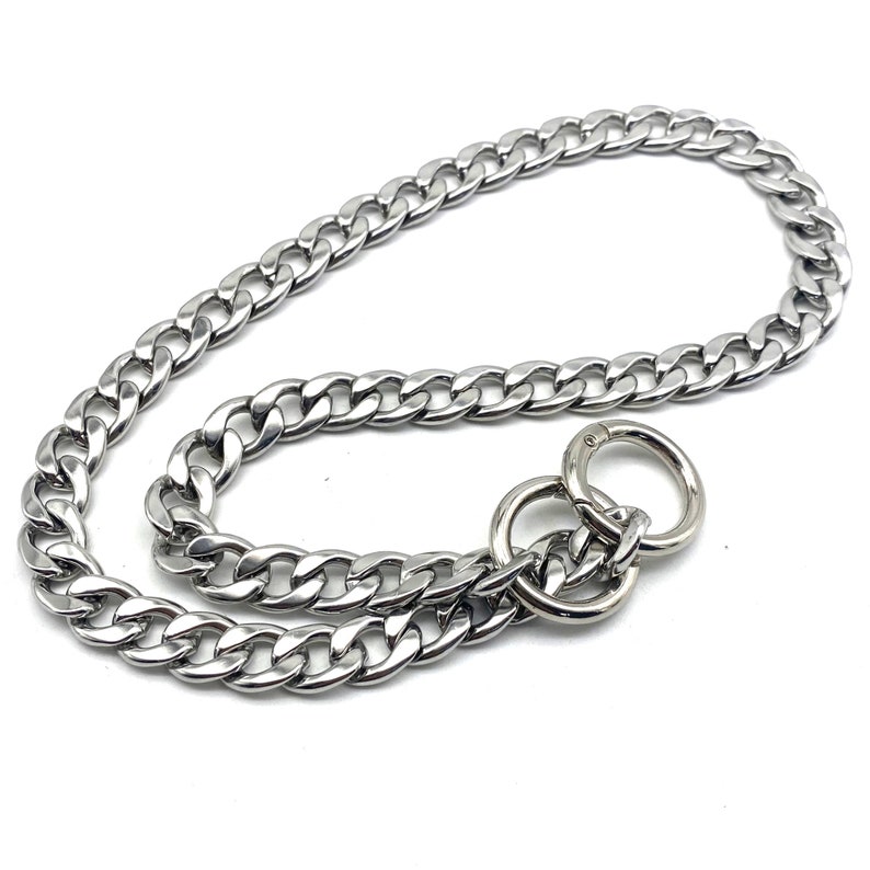 May include: A silver curb chain dog collar with a double ring clasp.