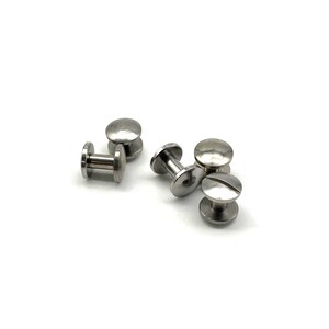 May include: Five silver metal screw-in studs with a round head and a threaded post.