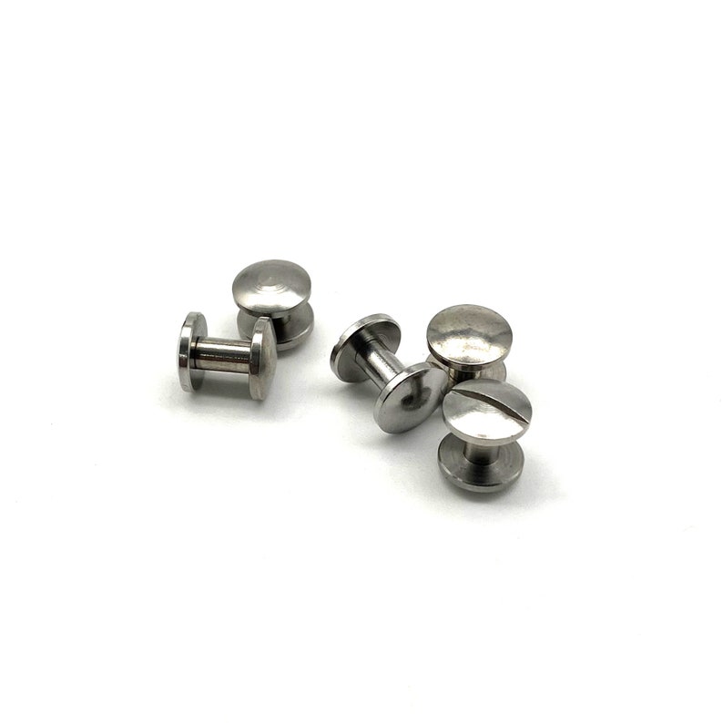 May include: Five silver metal screw-in studs with a round head and a threaded post.