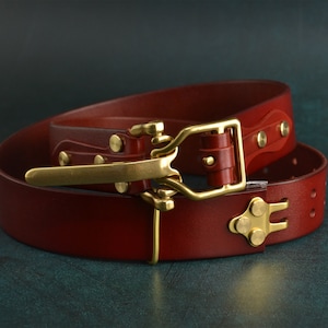 May include: A brown leather belt with a brass buckle. The buckle has a unique design with a lever and a hook.