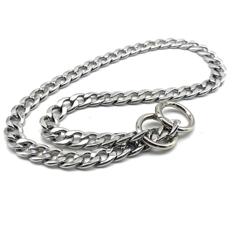 May include: A silver curb chain dog collar with two large, round, silver rings.