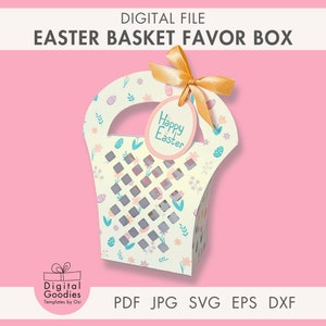 May include: A white Easter basket favor box with a cut-out design and a floral pattern. The box has a handle and a tag that says "Happy Easter".
