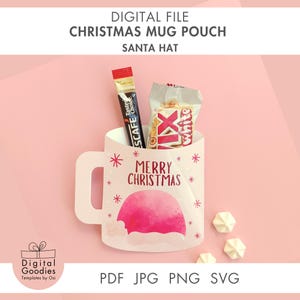 Caneca de Natal Digital Download, Caixa de Lembrancinhas, Envelope para Cartão Presente, Bolsa para Caneca SVG, Arquivo Digital de Natal, Artesanato de Natal, Caneca com Chapéu de Papai Noel DIY