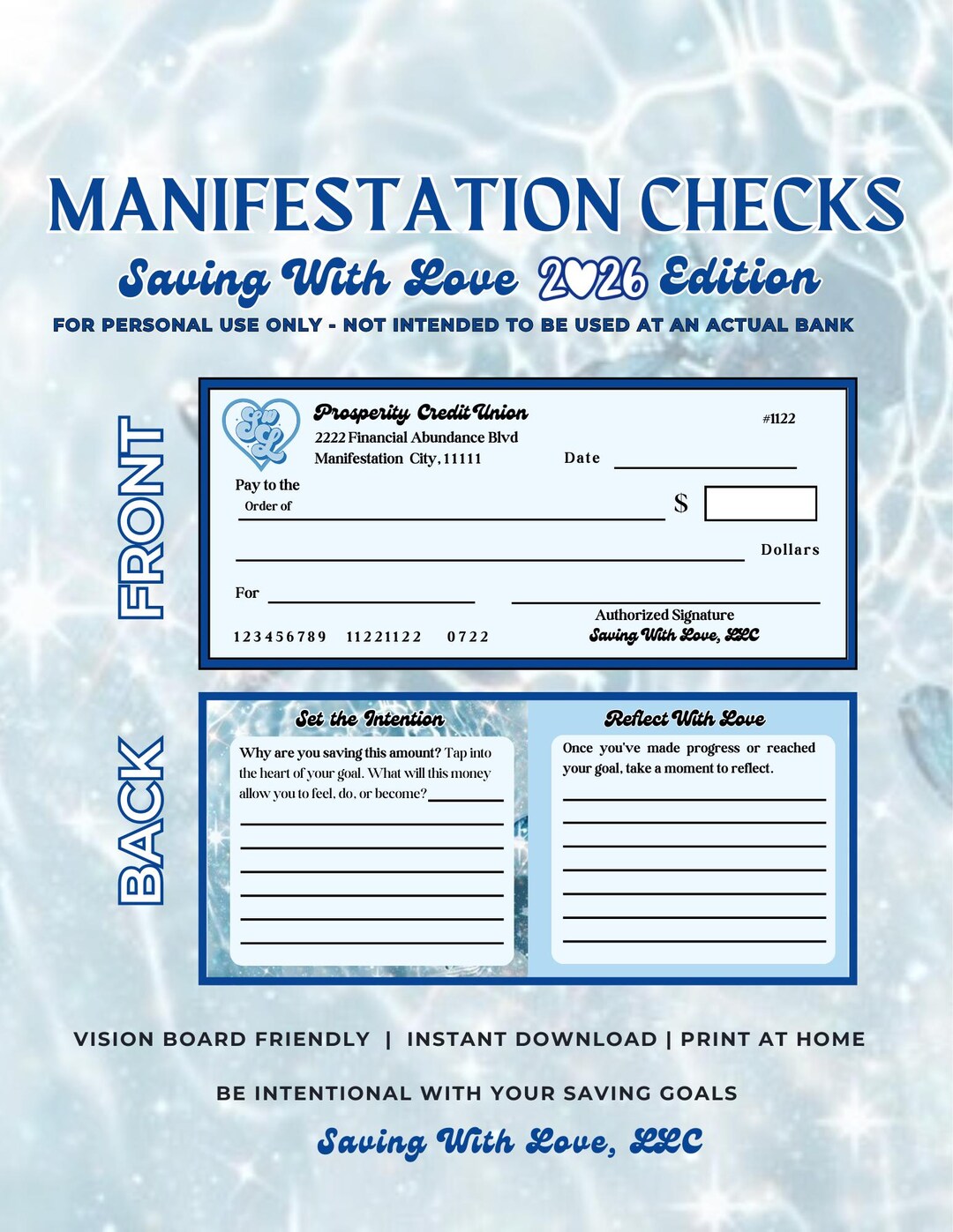 Blue 2026 Manifestation Checks W/ Reflection Prompts | Double-sided ...