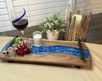 Personalized Epoxy Charcuterie Board: Hardwood Serving Tray with Black Metal Handles and Feet