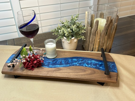 Personalized Epoxy Charcuterie Board: Hardwood Serving Tray with Black Metal Handles and Feet