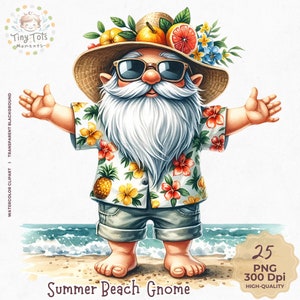 Watercolor Summer Beach Gnome Clipart, Beach Gnome Clipart, PNG, Gnome Summer Beach, Summer Clipart, Sublimation Designs, Commercial Use