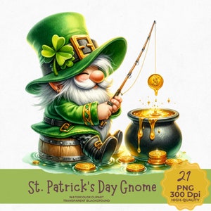 May include: A green gnome with a white beard wearing a green hat with a shamrock on it is fishing for gold coins in a pot of gold. The gnome is sitting on a barrel and there are gold coins scattered around him.