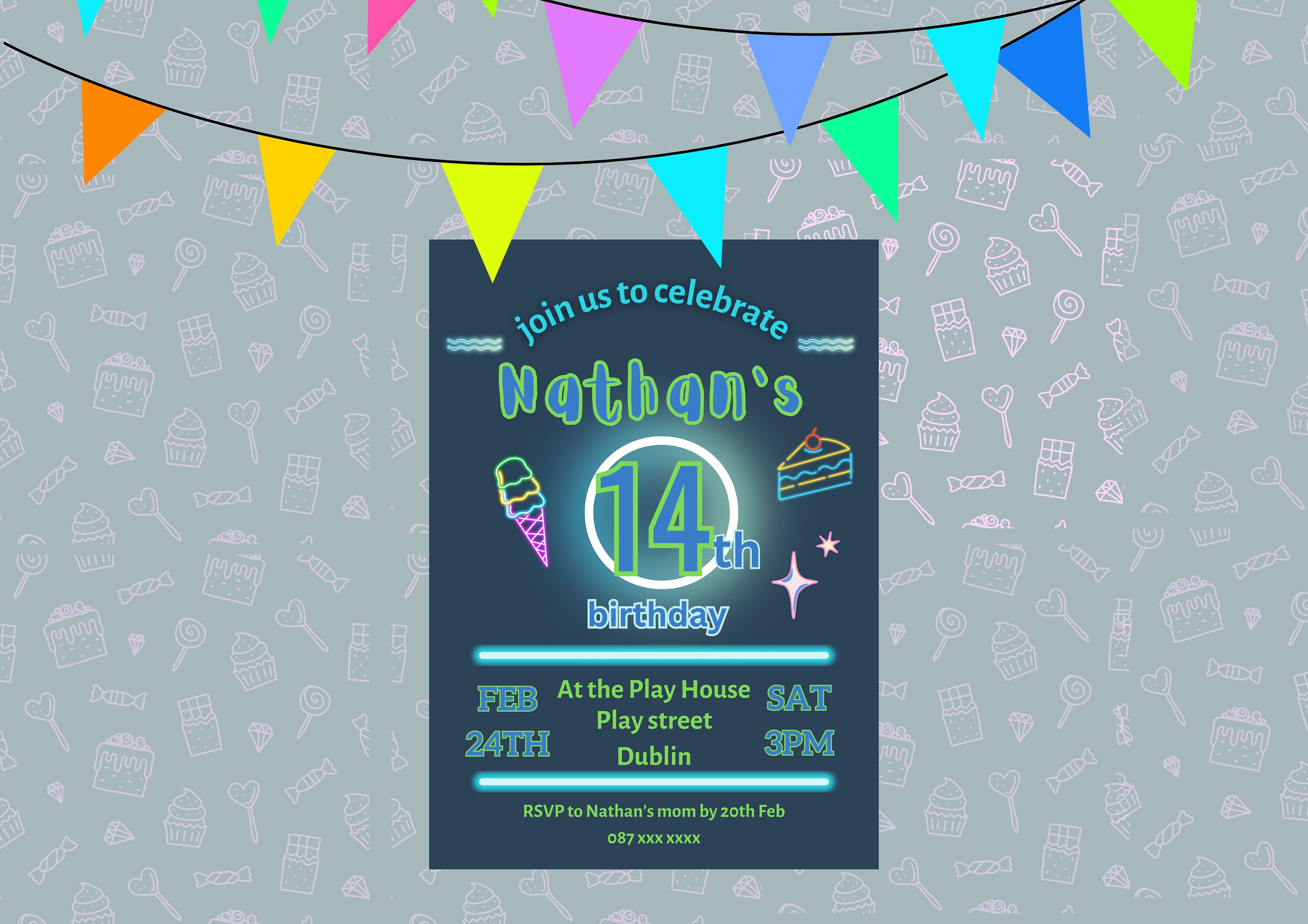 Editable Neon Birthday Invitation 14th Birthday Invitation Template ...