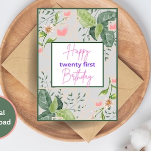 Carte de 21e anniversaire, joyeux 21e anniversaire, 21e carte imprimable, jolie carte 21sy, 21e carte florale