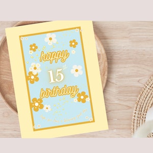 cartão de aniversário de 15 anos para impressão, cartão para aniversário de adolescente, 15 anos, cartão com desenho de flores, cartão de aniversário de adolescente de 15 anos, cartão digital