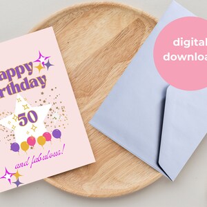 50th birthday card for women printable, Digital Printable Happy 50Th Birthday Card, Instant Download, 50Th Birthday Gift For Women