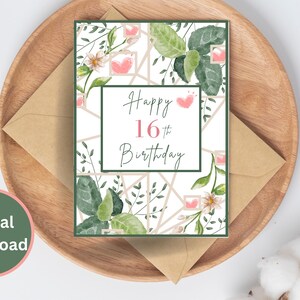 Carte du 16e anniversaire, joyeux 16e anniversaire, carte des 16 ans, carte d'anniversaire numérique, 16e carte pour elle, carte florale pour elle,