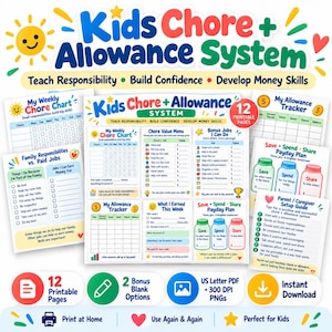 以下が含まれることがあります： Kids Chore + Allowance Systemの印刷可能なセット。週間家事チャート、お小遣いトラッカー、家事メニュー、ボーナスジョブリスト、貯金・支出・共有プランが含まれ、アイコンとテキストが記載された12ページのカラフルなデザインです。