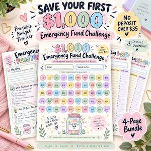 May include: A printable 4-page budget tracker bundle for a $1,000 emergency fund challenge. The sheets feature pastel-colored shapes with dollar amounts, a savings jar illustration, and text including 'Save Your First $1,000' and '4-Page Bundle'.