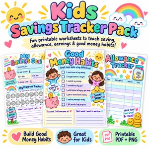 Könnte beinhalten: Ein Spar-Tracker-Paket für Kinder mit drei bunten, ausdruckbaren Arbeitsblättern, die Illustrationen von Sparschweinen, Sonne, Regenbogen und Kindern zeigen. Der Text umfasst Kids Savings Tracker Pack, My Savings Goal, Good Money Habits und Allowance Tracker.