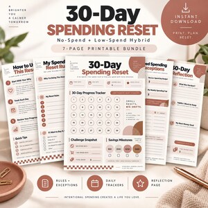 Könnte beinhalten: Ein 7-seitiges, druckbares 30-Tage-Ausgaben-Reset-Paket mit Fortschrittsverfolgung, Regeln und Reflexionsseiten. Die Dokumente sind auf weißem Papier mit terrakottafarbenen und beigen Akzenten gedruckt und zeigen Text wie 30-Day Spending Reset.