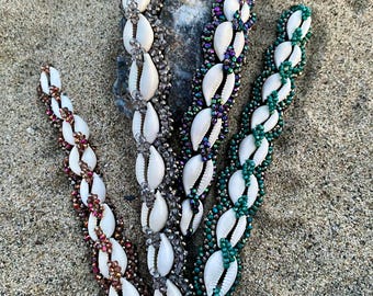 Hand-Sewn Cowrie Shell & Crystal Bracelet: Boho Beach Jewelry