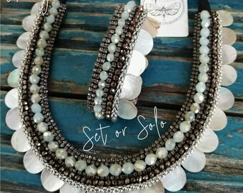 Handmade Shell Embroidered Necklace Bracelet Set: Boho Chic Jewelry