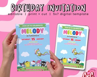 Kitty & Friends Editable Birthday Invitation | Digital Download Birthday Template | Kawaii Characters Birthday Party Invitation | Canva