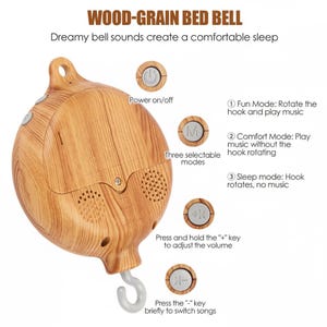 May include: A wood-grain bed bell with a hook, speaker holes, and control buttons. The text on the image says "Dreamy bell sounds create a comfortable sleep." Features include power on/off, three selectable modes, volume control, and song selection.