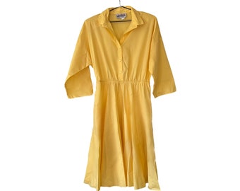 Vintage 70s The American Shirt Dress Womens Size 13/14 Yellow Buttoned Pleated Midi Dress