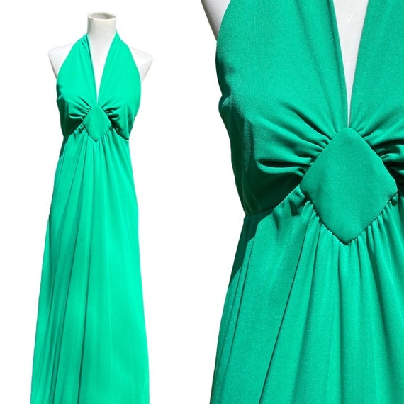 Vintage 70s Emerald Green Halter Maxi Dress - image 1