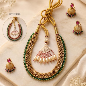 Dual Sided Reversible Tushi Mala Necklace Set with Jhumka Earrings, Gold Plated Brass Choker, Traditional Indian Ruby Emerald Bead Set