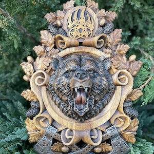 Wood Carved Wall Art – Bear with Axes – Hunting Lodge Decor, Rustic Wooden Artwork