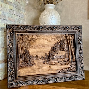 Oak Wood Carved Picture: Lake House Nature Scene