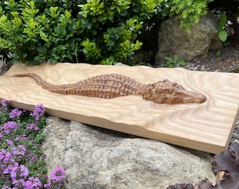Wood Carved Picture, Wooden Crocodile, Wooden Animal Art, 3D Wall Decor, Modern Home Decoration