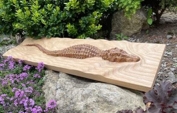 Wood Carved Picture, Wooden Crocodile, Wooden Animal Art, 3D Wall