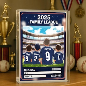 Tarjeta coleccionable de béisbol número 1, papá, hombre y niños, placa acrílica 2D, placa de bloque acrílico personalizada, regalo del Día del Padre para papá del béisbol.