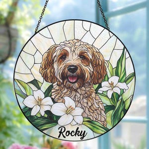Custom Dog Memorial Suncatcher with Floral Wreath, Dog Portrait Stained Glass Suncatcher, Personalized Pet Glass Art, Pet Memorial Gift