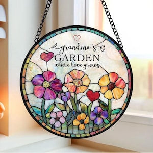 Grandma&#39;s Garden Decor, Personalized Birth Flower Stained Glass Window Hanging Suncatcher, Mothers Day Gift For Grandma