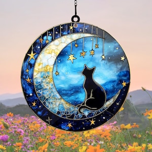 Black Cat and Moon Acrylic Suncatcher, Window Hangings Decor, Cat Owner Gift, Moon and Stained Glass Decoration