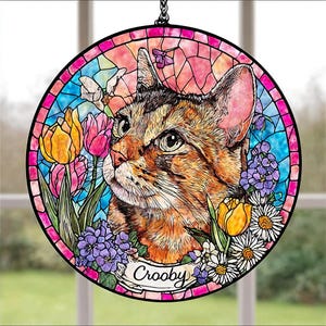 Personalized Cat Memorial Stained Glass, Loss of Pet Sympathy Gift, Cat With Name Suncatcher, Cat Suncatcher, Custom Pet Image Gift,LossCat
