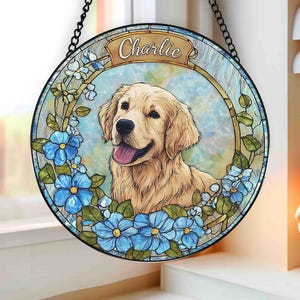 Custom Pet Portrait Stained Glass Suncatcher, Custom Name Dog SunCatcher, Dog Portrait Art Suncatcher, Personalized Pet Portrait Decor
