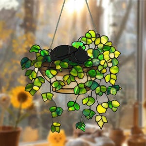 Black Cat Sleeping on Acrylic Suncatcher | Cat ACRYLIC Window Hanging | Plant Lover Gift | Ivy Plants Decor, Cozy Cat Decor, Gift For Mom