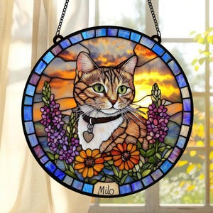 Personalized Cat Memorial Stained Glass, Loss of Pet Sympathy Gift, Cat With Name Suncatcher, Cat Suncatcher, Custom Pet Image Gift,LossCat