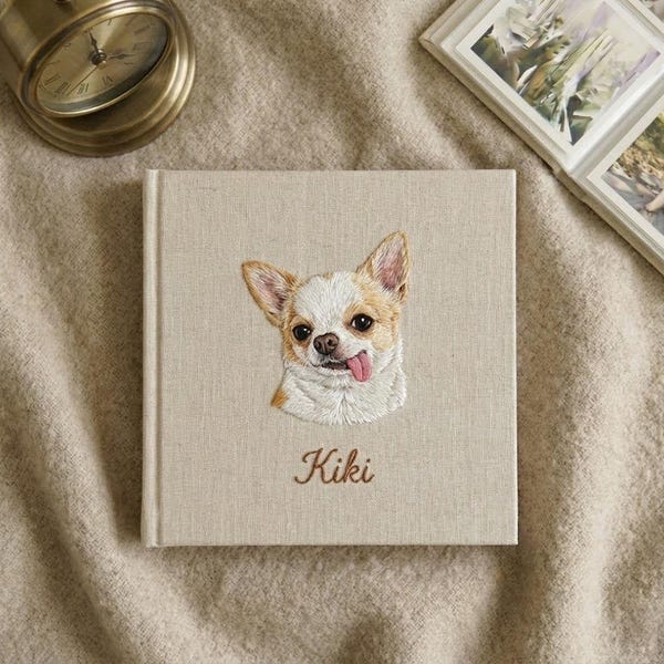 Custom Pet Photo Album Embroidered Linen Cover, Personalized Cat Dog Memory Book, Handmade Pet Keepsake Gift, Flower Embroidered Photo Album