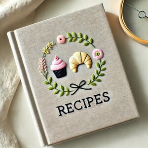 May include: A beige linen recipe book with embroidered floral details, a cupcake, a croissant, and the word "RECIPES" in black lettering.