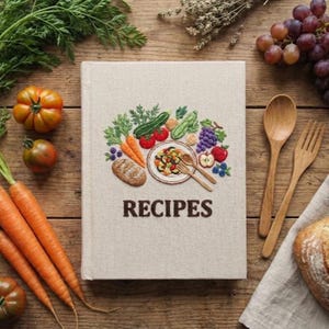 May include: A beige recipe book with the word "RECIPES" in brown lettering. The cover features an embroidered design of vegetables, fruits, and a plate of food. Wooden spoons, a fork, carrots, and tomatoes are arranged around the book.