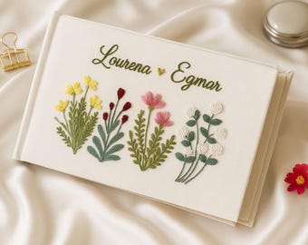 Libro de invitados de boda de lino floral bordado con nombre personalizado, cuaderno horizontal personalizado, libro de recuerdos bordado a mano, álbum de recortes de tapa dura